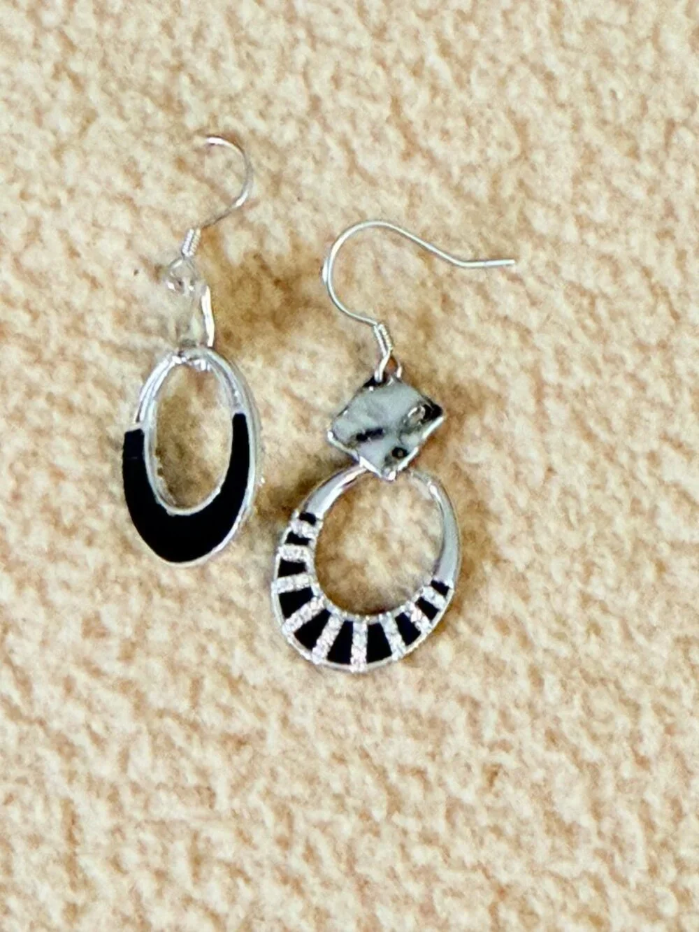 Silver Ethnic Oval Hoop Dangle Earrings Black Accent Mother's Day Gift